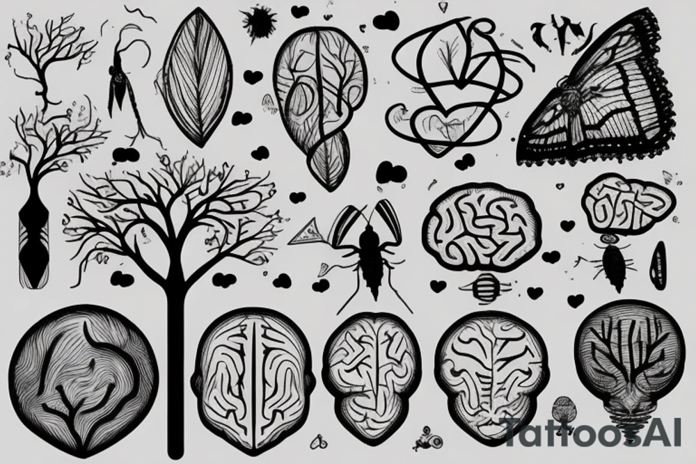 Brain, heart, tree, moth, DNA, cronus, fineline tattoo idea