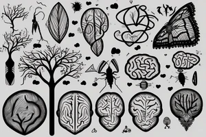Brain, heart, tree, moth, DNA, cronus, fineline tattoo idea