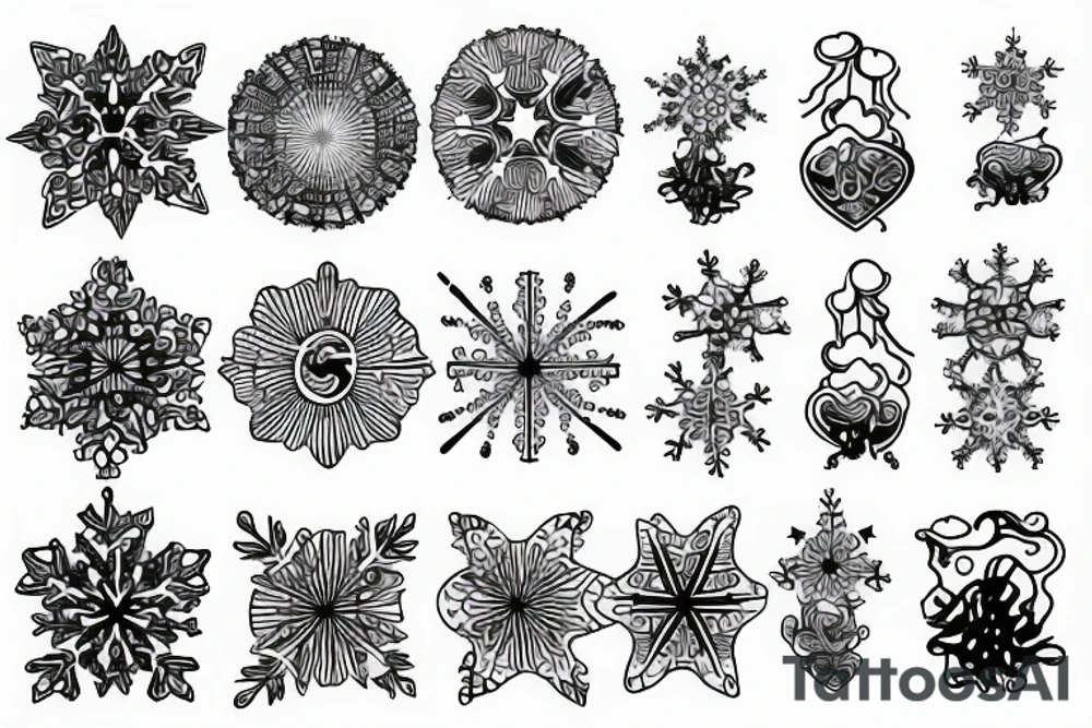 snow flakes, clouds, and waves intertwining tattoo idea