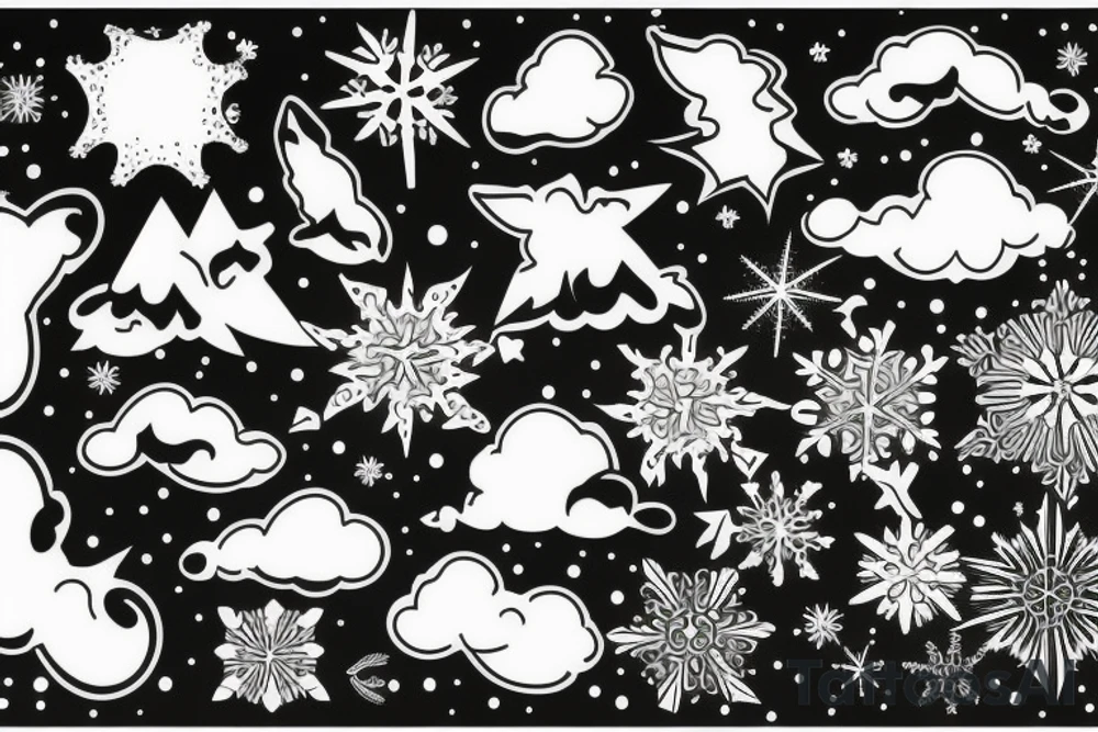 snow flakes, clouds, and waves intertwining tattoo idea