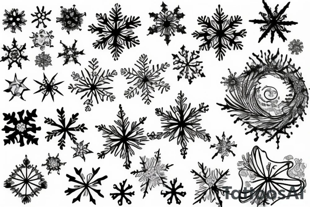 snow flake, clouds, and waves intertwining tattoo idea