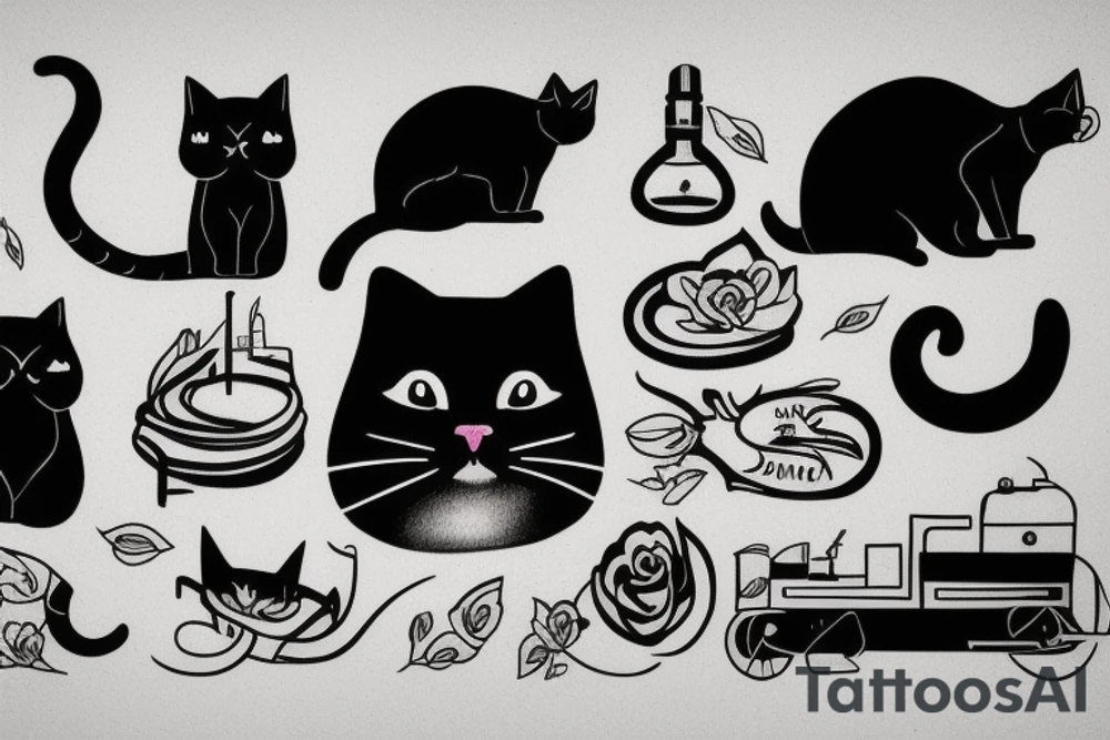 cat next to a train tattoo idea