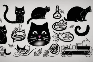 cat next to a train tattoo idea
