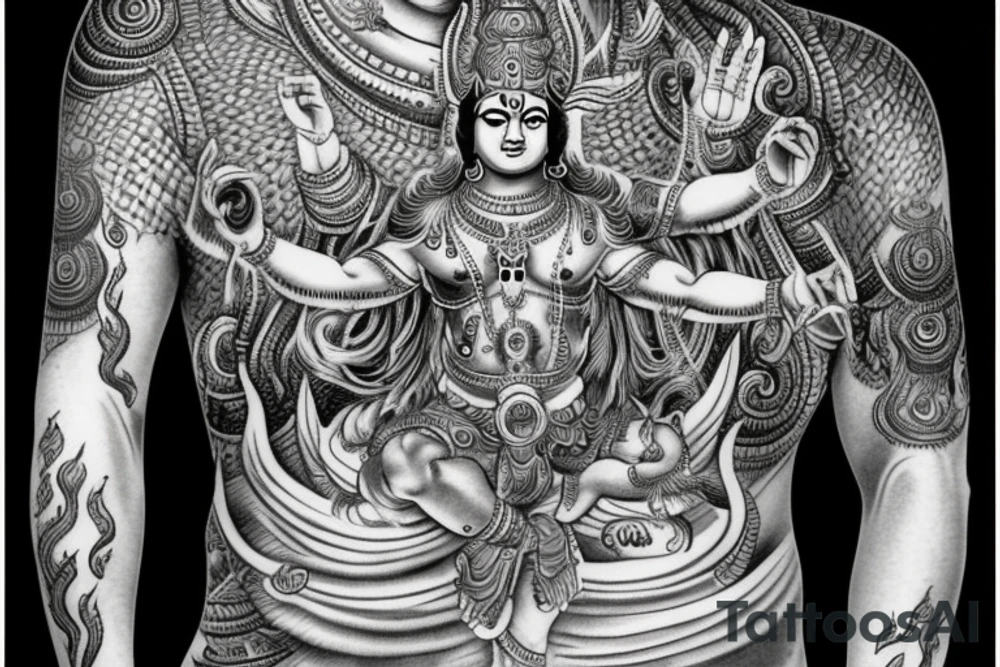 Lord Vishnu in a powerful avatar but yet peaceful. tattoo idea