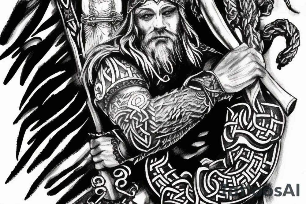Arm sleeve Viking god Odin with raven tattoo idea
