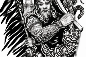 Arm sleeve Viking god Odin with raven tattoo idea