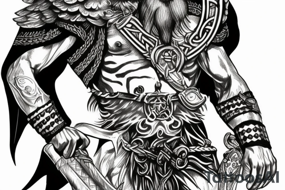 Arm sleeve Viking god Odin with raven tattoo idea