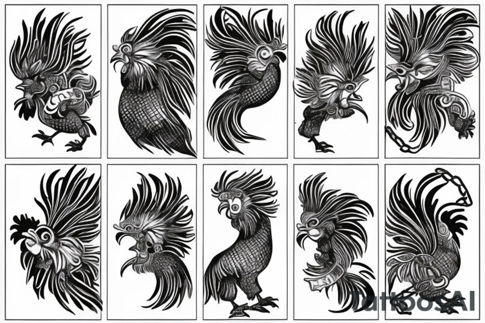 strip that surrounds the arm composed of the image of a rooster and a chain that has the words in its links: tenacity, strength, control, drive, happiness, resistance, resilience. tattoo idea