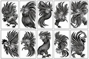 strip that surrounds the arm composed of the image of a rooster and a chain that has the words in its links: tenacity, strength, control, drive, happiness, resistance, resilience. tattoo idea