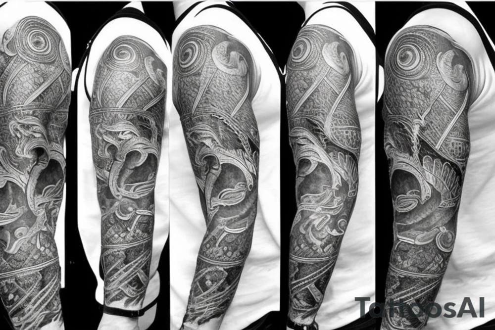 strip that surrounds the arm composed of the image of a rooster and a chain that has the words in its links: tenacity, strength, control, drive, happiness, resistance, resilience. tattoo idea