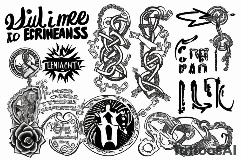strip that surrounds the arm regarding entrepreneurship and a chain that has the words in its links: tenacity, strength, control, drive, happiness, resistance, resilience. tattoo idea