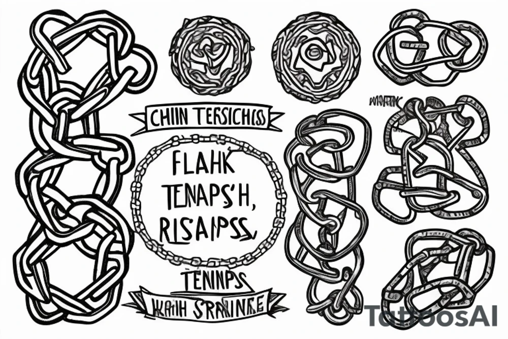 chain surrounds the arm regarding entrepreneurship and a chain that has the words in its links: tenacity, strength, control, drive, happiness, resistance, resilience. tattoo idea