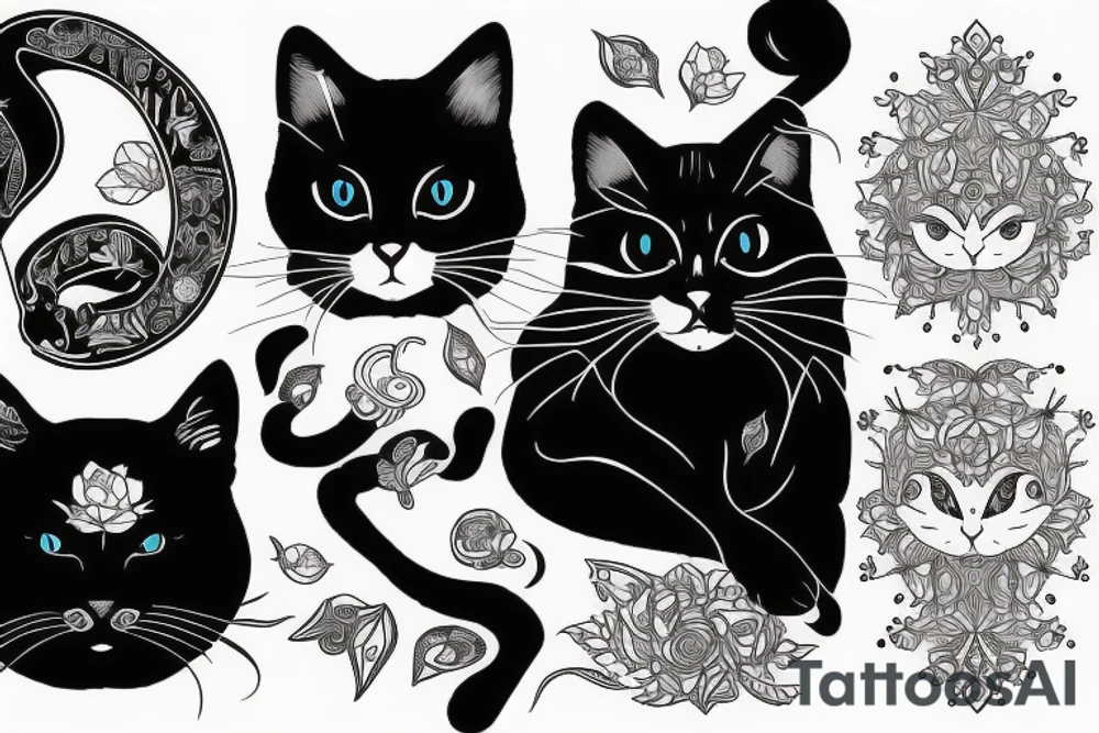black cat with short hair and white cat with long hair tattoo idea