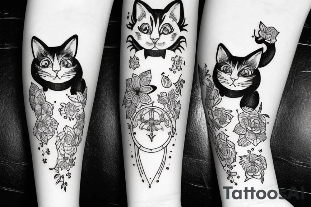 black cat with short hair and white cat with long hair tattoo idea