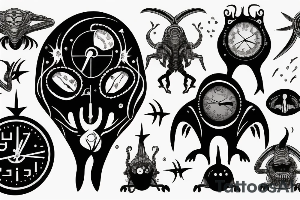 Birth clock with alien theme back shoulder tattoo idea