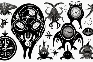 Birth clock with alien theme back shoulder tattoo idea