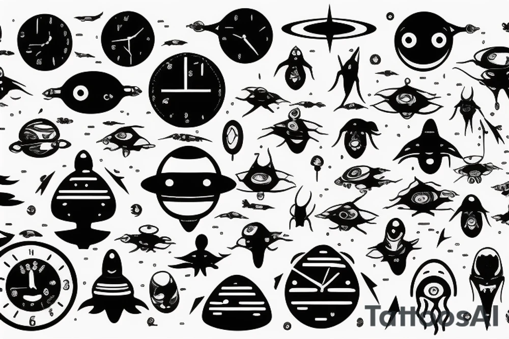 Birth clock with alien theme back shoulder ufos space tattoo idea