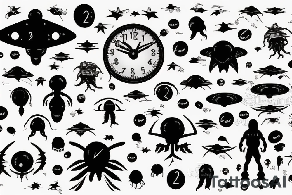 Birth clock with alien theme back shoulder ufos space tattoo idea