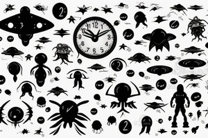 Birth clock with alien theme back shoulder ufos space tattoo idea