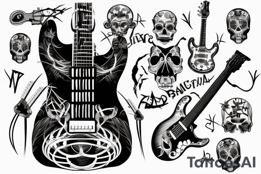 Electric guitar wrapped with barbed wire with a skull tattoo idea