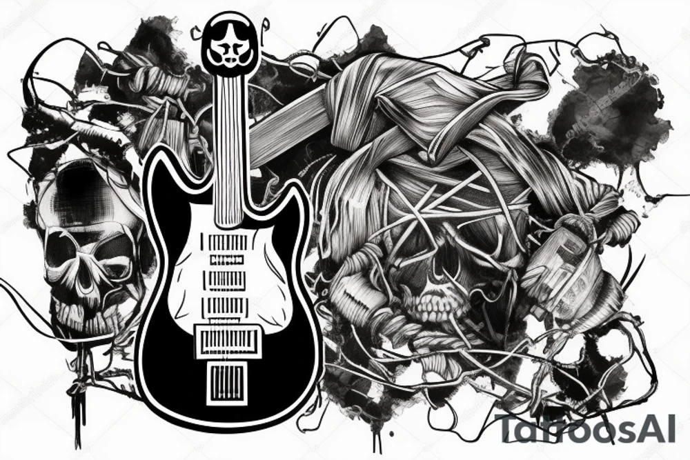Electric guitar wrapped with barbed wire with a skull tattoo idea