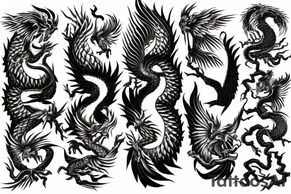 Japanese dragon and phoenix with knife tattoo idea