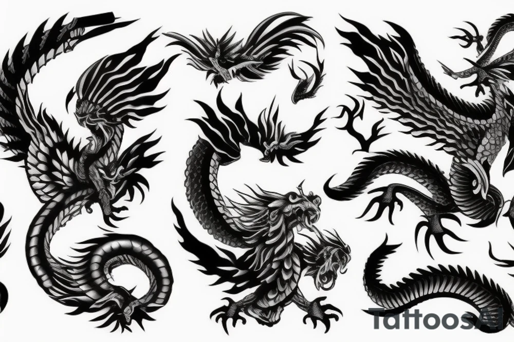 Japanese dragon and phoenix with knife tattoo idea