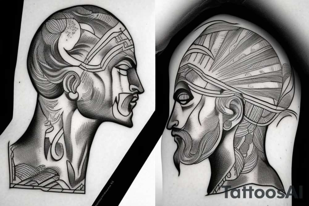 one line greek david head cut in half diagonally with a lotus on the top tattoo idea
