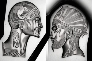 one line greek david head cut in half diagonally with a lotus on the top tattoo idea