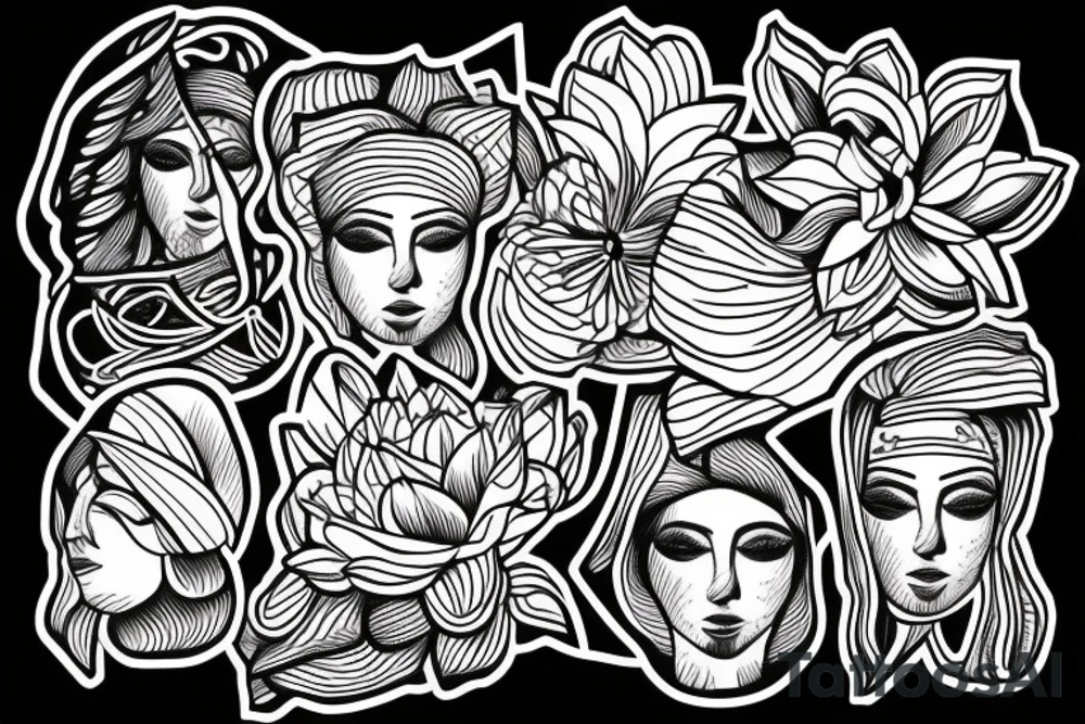 one line greek david head cut in half diagonally with a lotus flower on the top tattoo idea