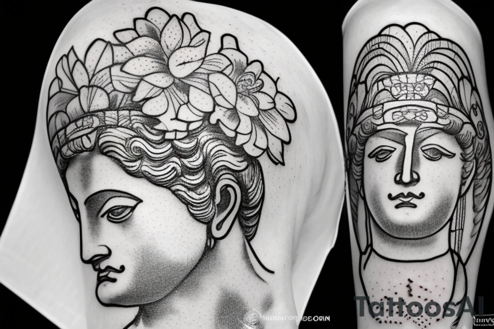 Join the fun!
One line ancient greek statue. Greece mythology sculpture hand drawn continuous line art of David head with lotus flower tattoo idea