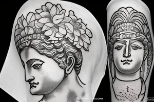 Join the fun!
One line ancient greek statue. Greece mythology sculpture hand drawn continuous line art of David head with lotus flower tattoo idea