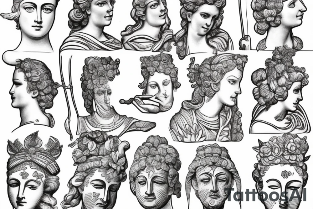 Join the fun!
One line ancient greek statue. Greece mythology sculpture hand drawn continuous line art of David head with lotus flower tattoo idea