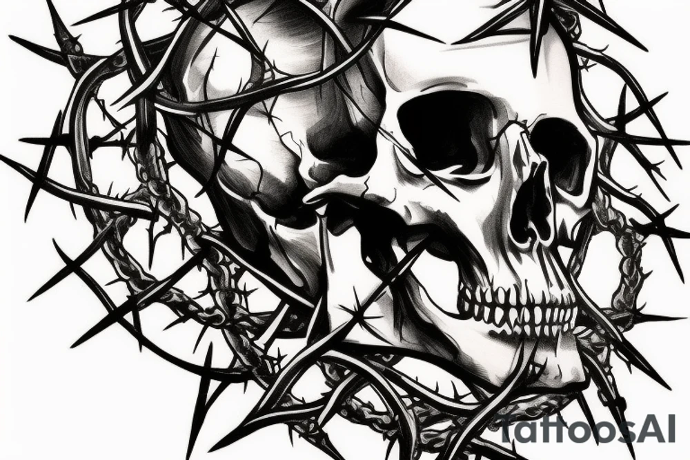 Skull with a crown of thorns pierced through by a greatsword tattoo idea