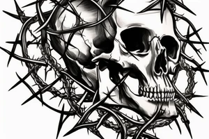 Skull with a crown of thorns pierced through by a greatsword tattoo idea