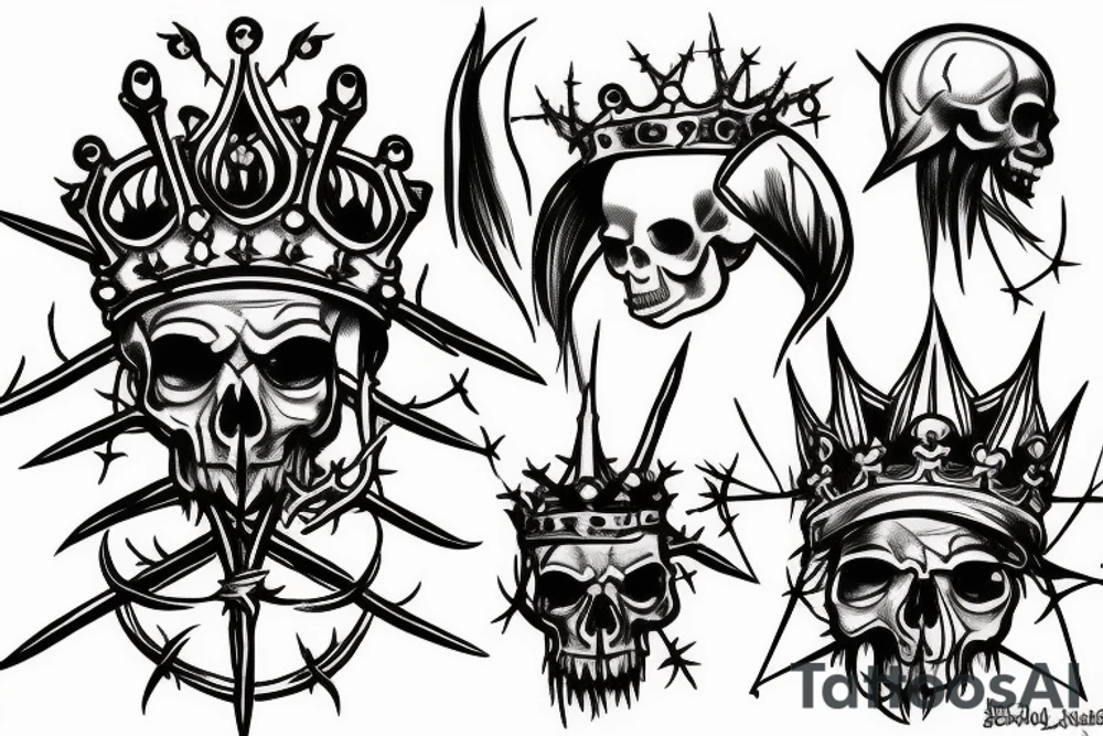 broadsword piercing through a skull wearing a crown of thorns tattoo idea