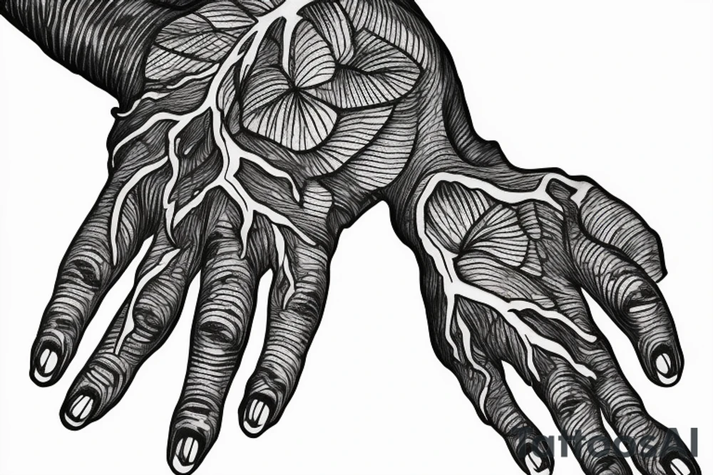 Hand reaching out of a Maple tree with roots tattoo idea