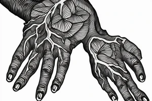 Hand reaching out of a Maple tree with roots tattoo idea