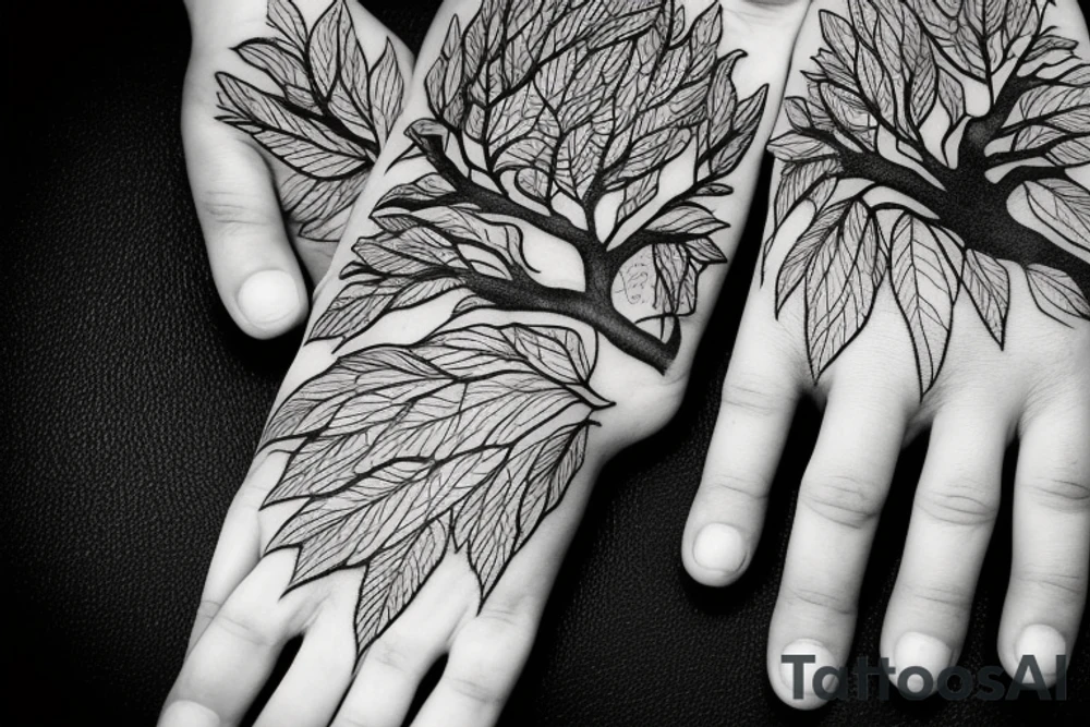 Hand reaching out of a Maple tree with roots tattoo idea