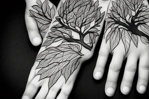 Hand reaching out of a Maple tree with roots tattoo idea