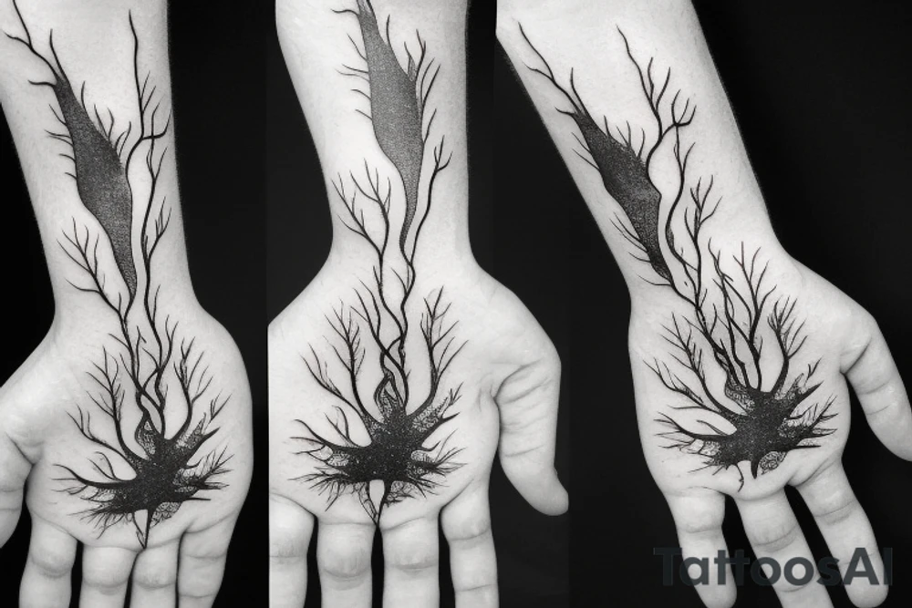 Hand reaching out of a Maple tree with roots tattoo idea