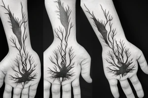 Hand reaching out of a Maple tree with roots tattoo idea