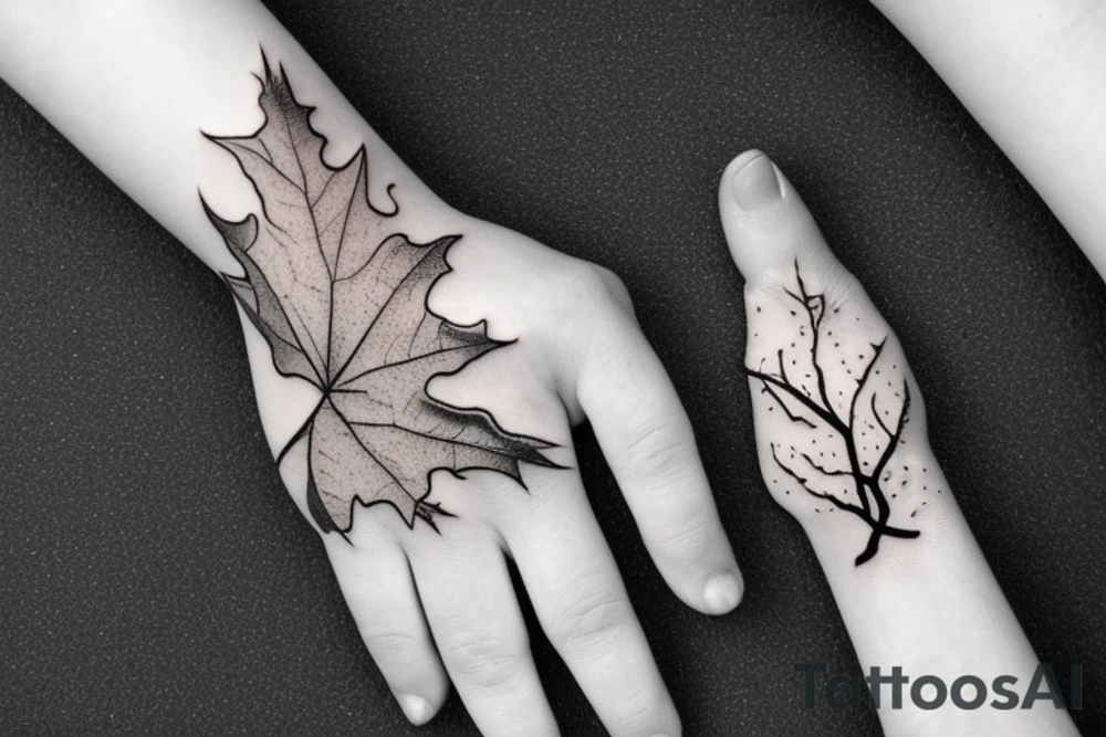 Hand reaching out of a Maple tree with roots tattoo idea