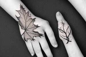 Hand reaching out of a Maple tree with roots tattoo idea