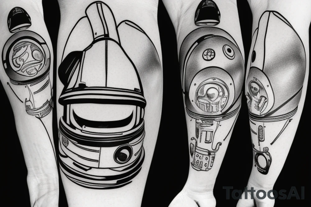 a spaceman helmet that looks mechanical and has red colours for a tattoo and you cant see the face and its front on tattoo idea