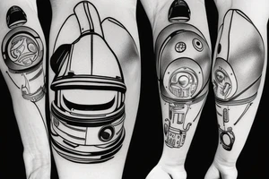 a spaceman helmet that looks mechanical and has red colours for a tattoo and you cant see the face and its front on tattoo idea