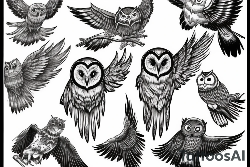 Owl swooping down wings spread wide minimalism tattoo idea