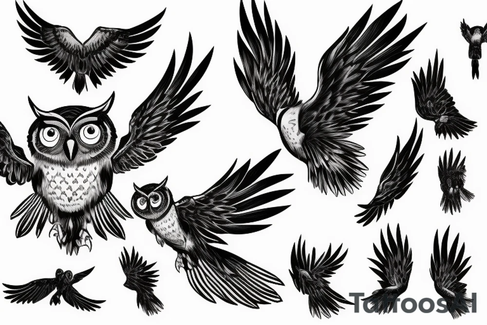 Owl swooping down wings spread wide minimalism tattoo idea