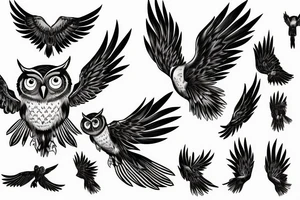 Owl swooping down wings spread wide minimalism tattoo idea