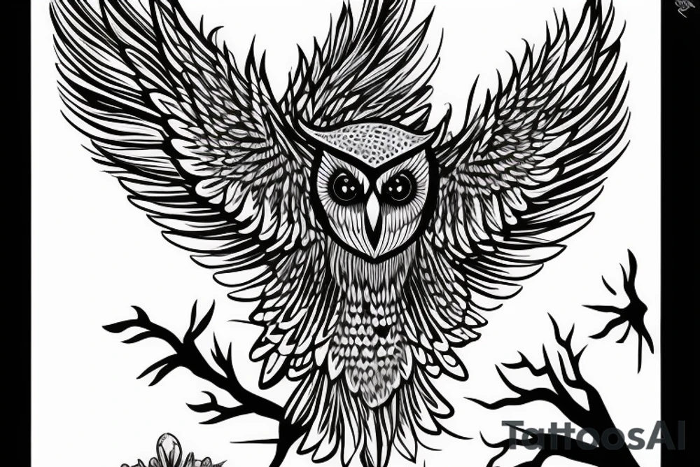 Owl swooping down wings spread wide minimalism tattoo idea